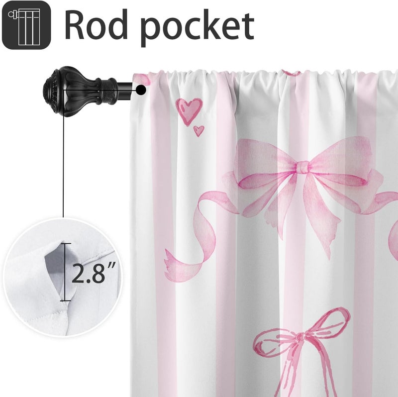 Coxila Pink Bow Window Curtains for Bedroom 42 x 63 Inch Rod Pocket Cute Girls Girly Kids White Blush Preppy Princess Kawaii Pastel Aesthetic Home Bedroom Living Room Treatment Set of 2 Panels Drapes - Image 3